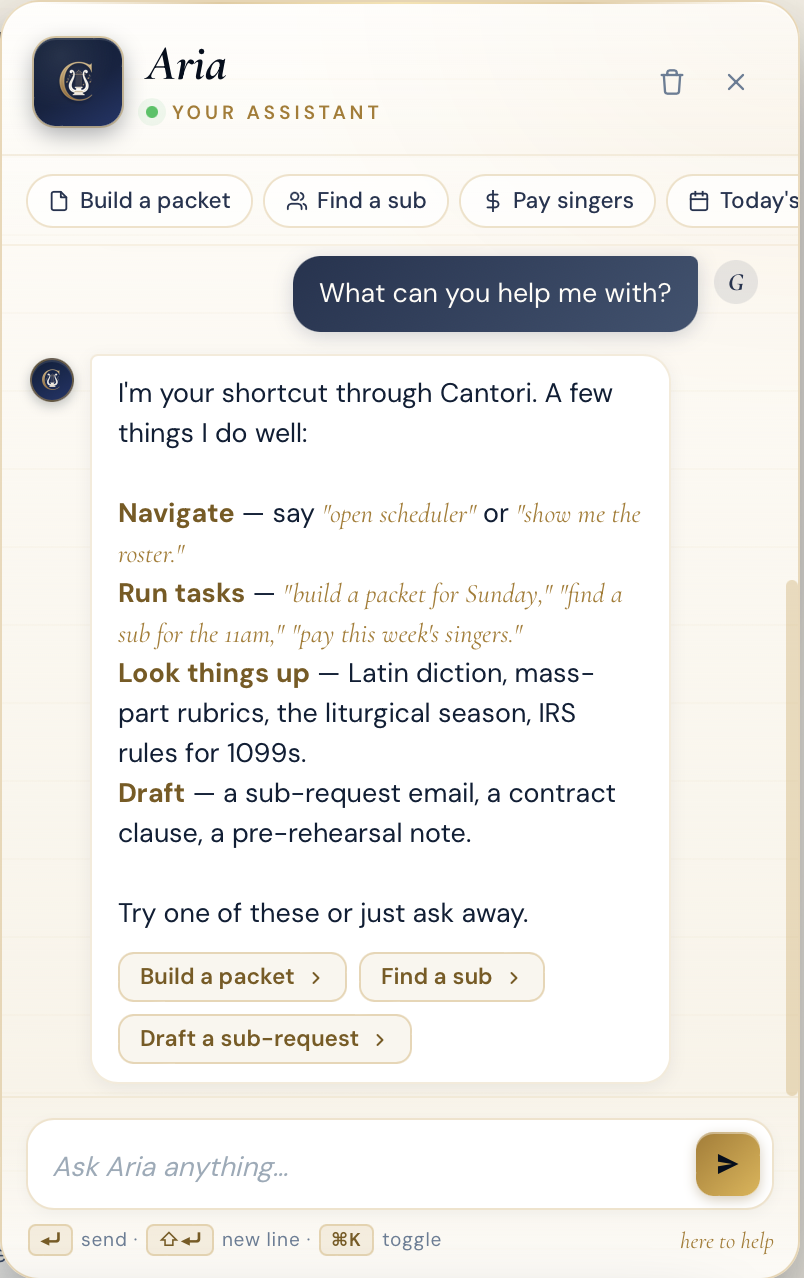 Aria AI Assistant — in-app chat panel for music directors and liturgical guidance