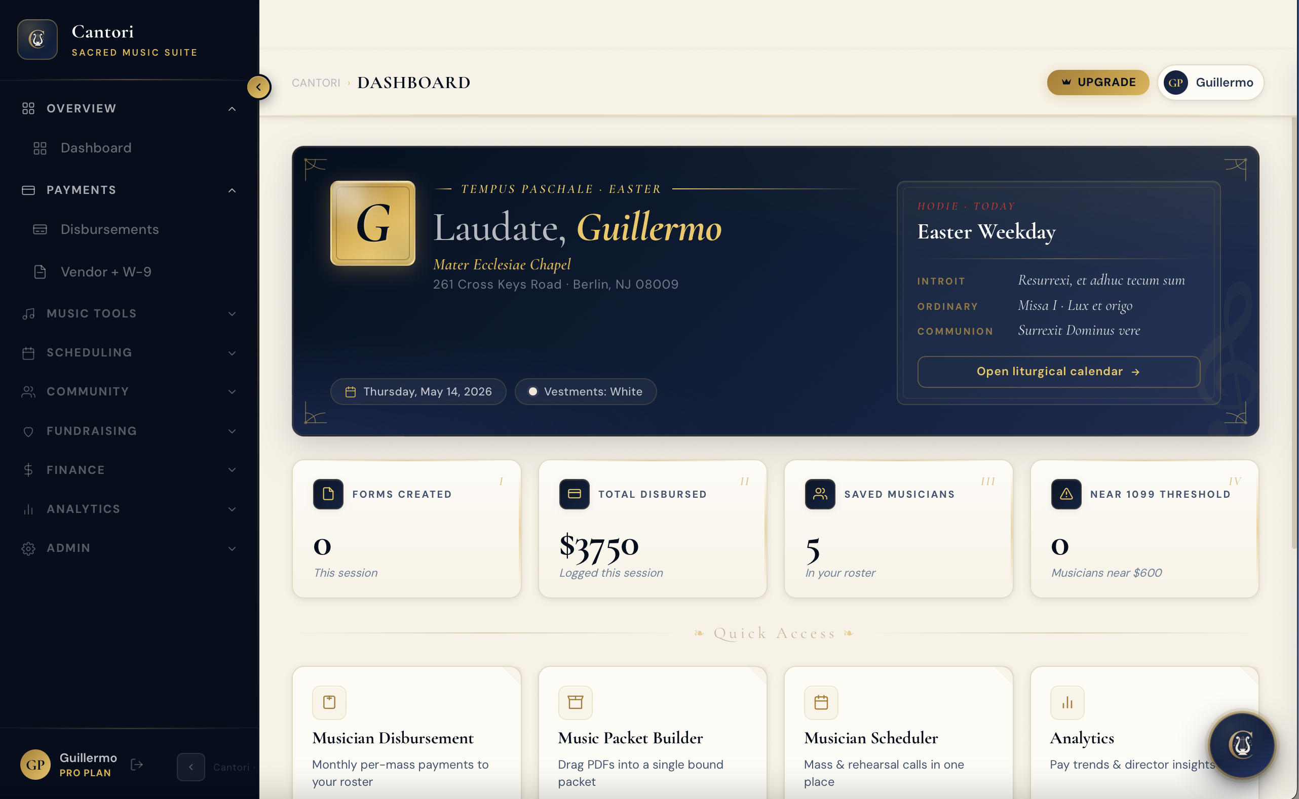 Dashboard — Laudate welcome, stats cards, and Quick Access panel