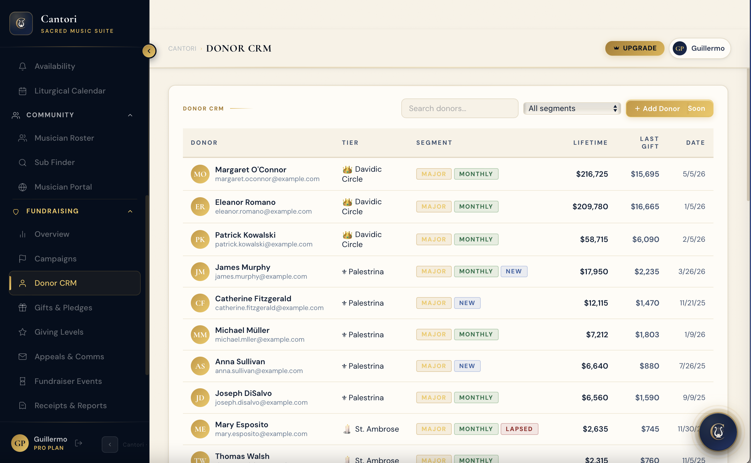 Donor CRM — donor table with tiers, segments, and lifetime giving totals