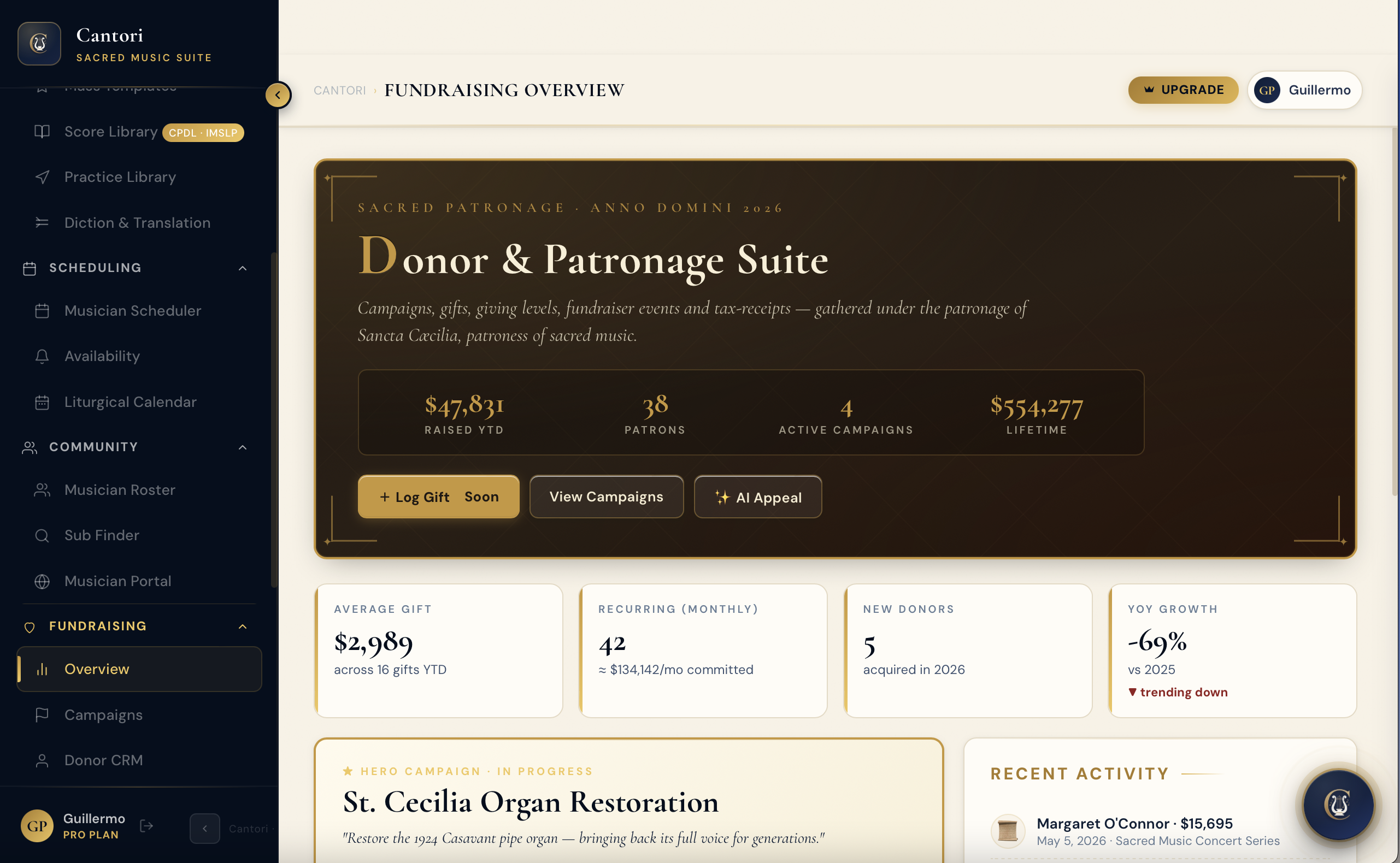 Fundraising Overview — Donor and Patronage Suite campaign dashboard