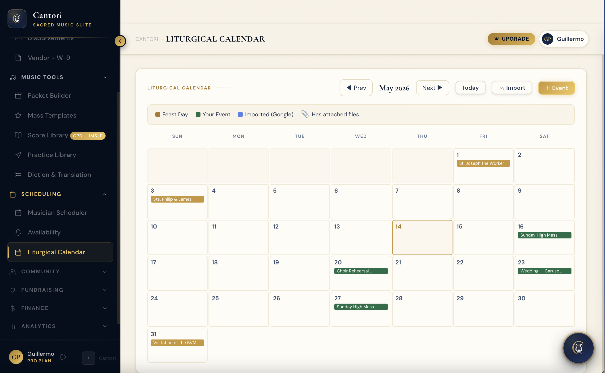 Liturgical Calendar — May 2026 view with feast-day markings and Propers notation