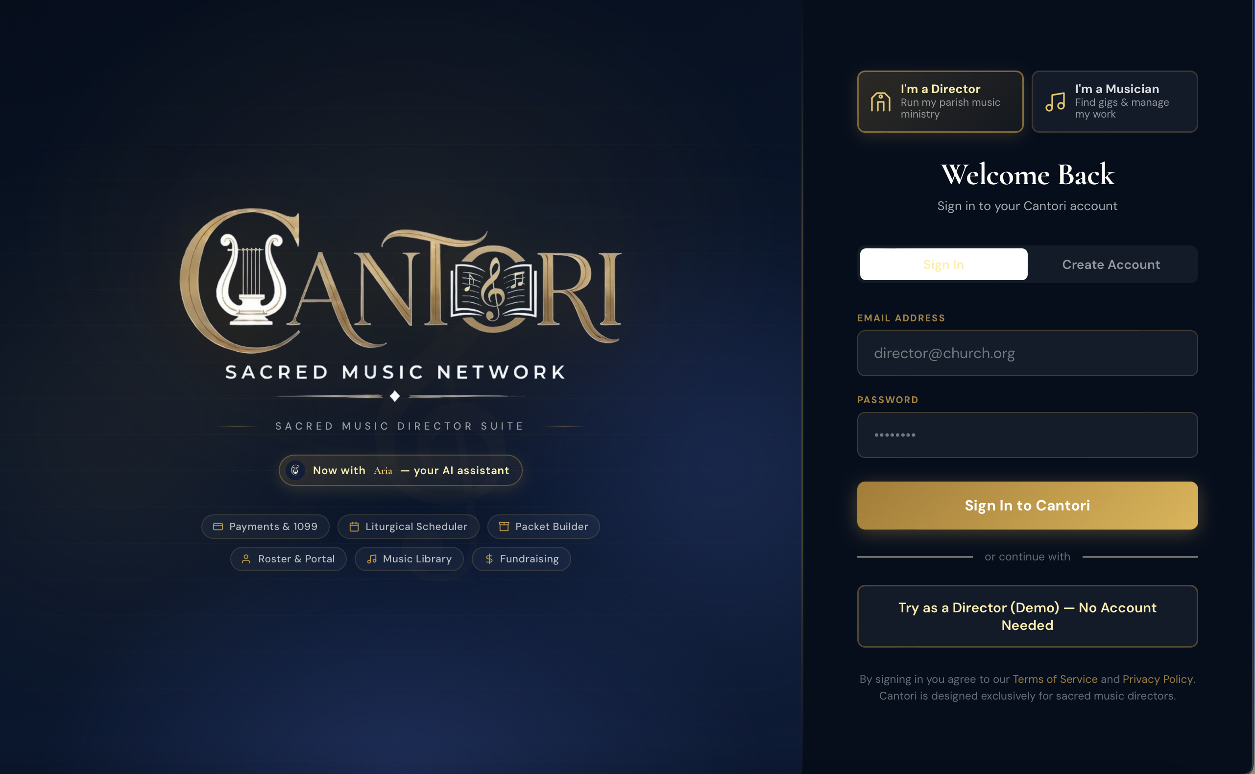 Sign In screen — Director Suite login with Cantori branding