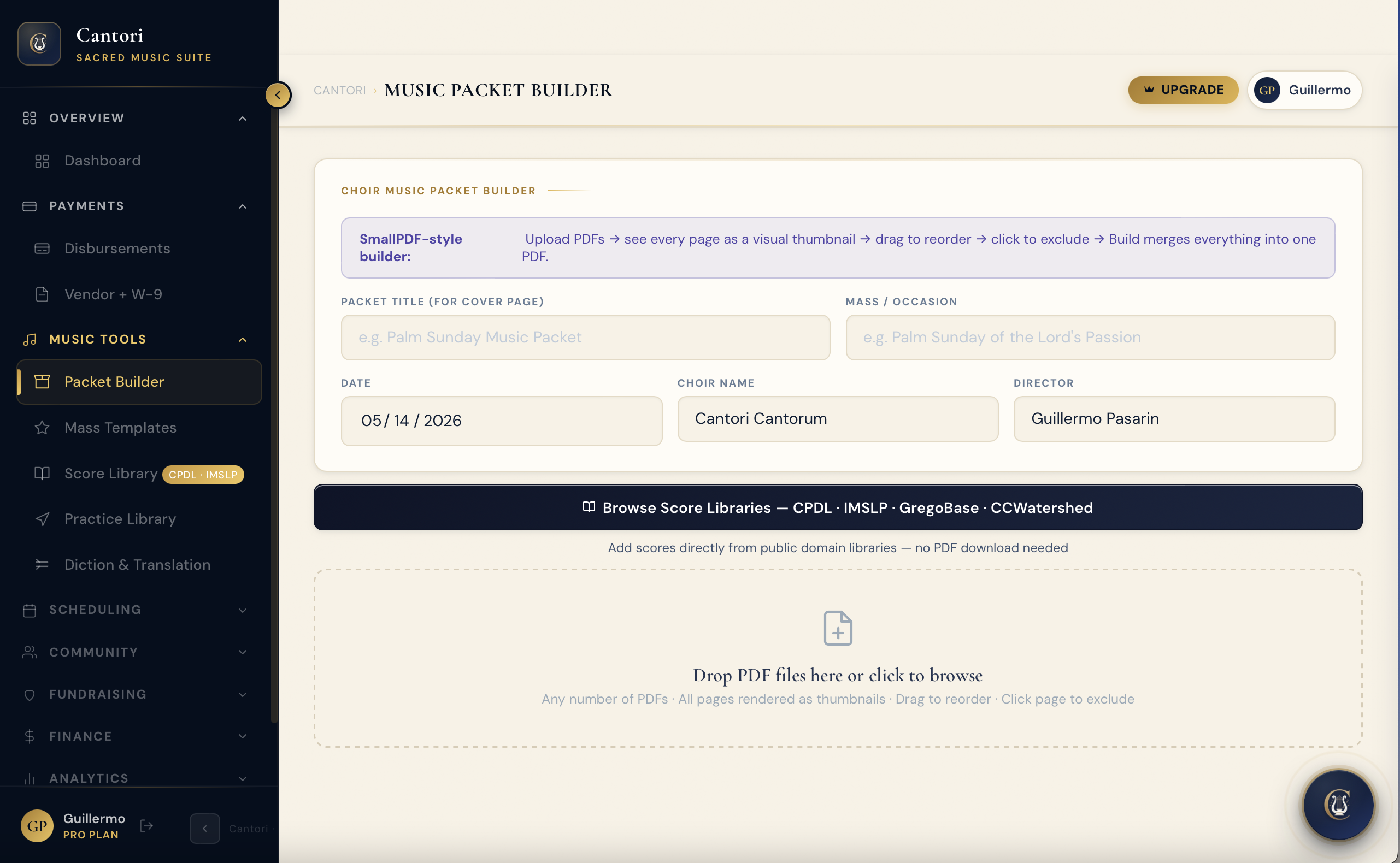 Music Packet Builder — drag-and-drop PDF assembly for Mass chant and score packets